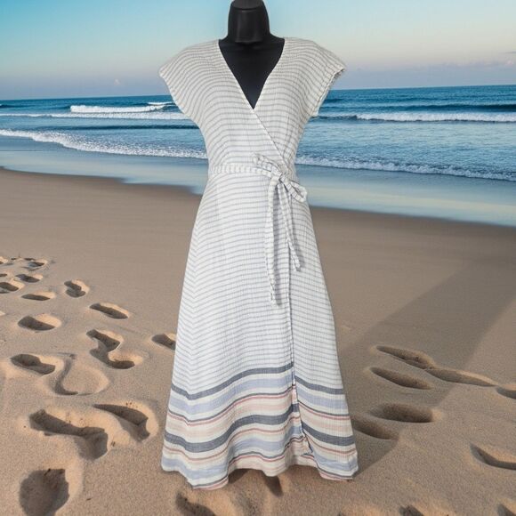 Marine Layer Double Gauze Cotton Maddie True Wrap Dress Striped Sz Medium - Picture 1 of 7